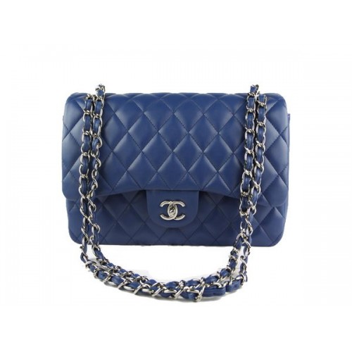 Geantă Chanel Classic Flap 1113 RoyalBlue Original din piele de oaie argintie