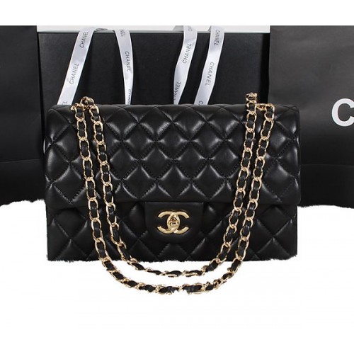 Geantă Chanel Classic Flap neagră, piele de oaie originală A1118 aurie