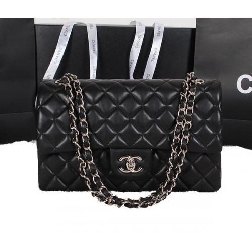 Geantă Chanel Classic Flap neagră, piele de oaie originală A1118 argintie