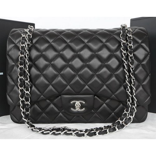 Geantă Chanel Classic Flap neagră, piele de oaie originală CFA1116 argintie