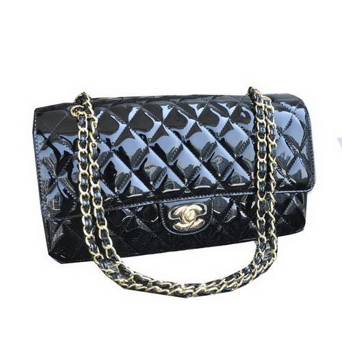Geantă Chanel Classic Flap neagră din piele lăcuită CHA1113 aurie