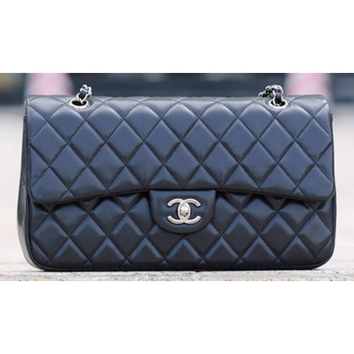 Geantă Chanel Classic Flap din piele neagră A1113 argintie