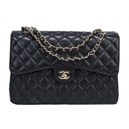 Geantă Chanel Classic Flap neagră din piele de oaie A36071 aurie