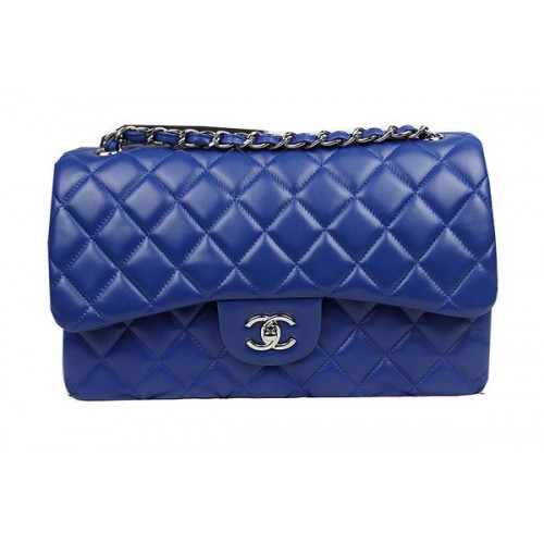 Geantă Chanel Classic Flap albastră din piele originală CF1113 argintie