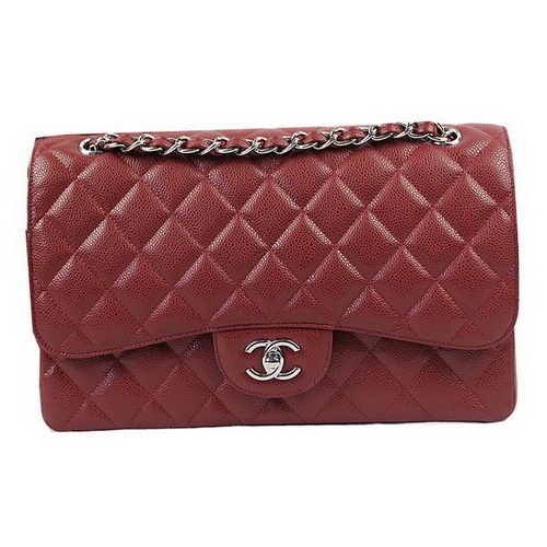 Geantă Chanel Classic Flap, model Cannage, culoare burgund, CF1113, argintie
