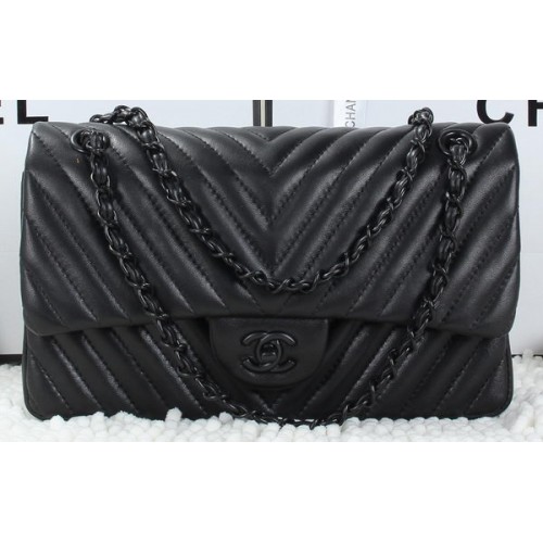 Geantă Chanel Classic Flap din piele de miel cu chevron matlasat A01112 neagră