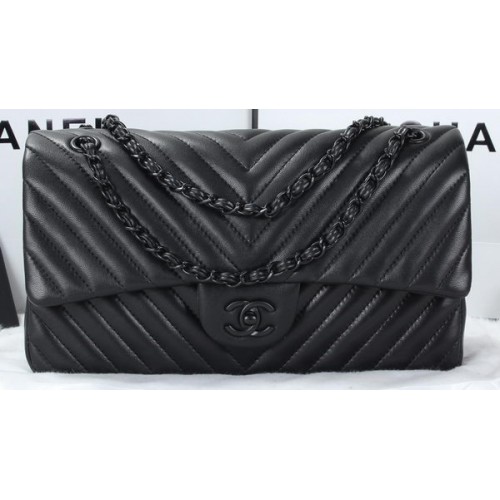 Geantă Chanel Classic Flap din piele de miel cu chevron matlasat A01113 Negru