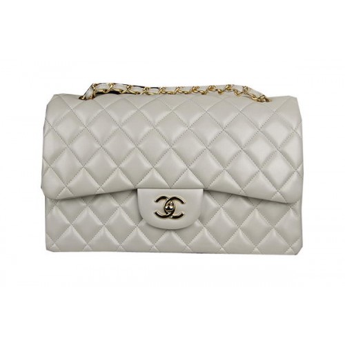 Geantă Chanel Classic Flap, piele originală, alb-negru CF1113, aurie