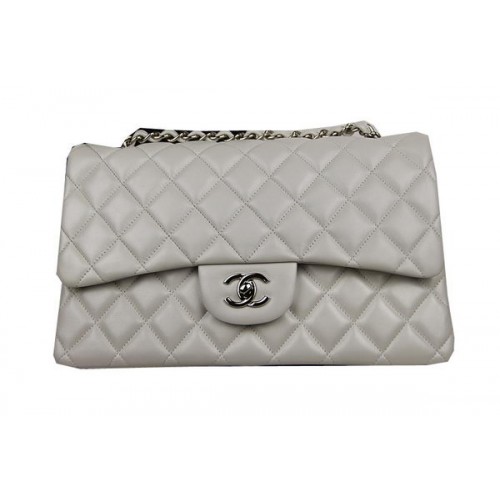 Geantă Chanel Classic Flap, piele originală, alb-negru CF1113, argintie