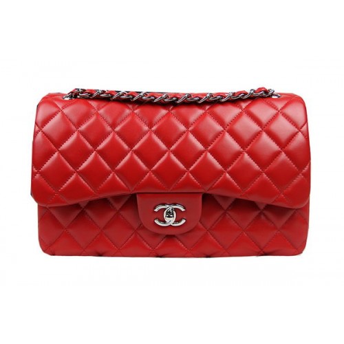 Geantă Chanel Classic Flap Roșie din piele originală CF1113 Argintie