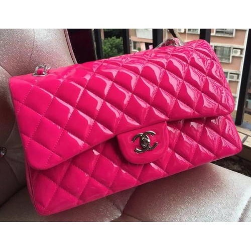 Geantă Chanel Classic Flap Rose Original din piele patentată A1113 argintie