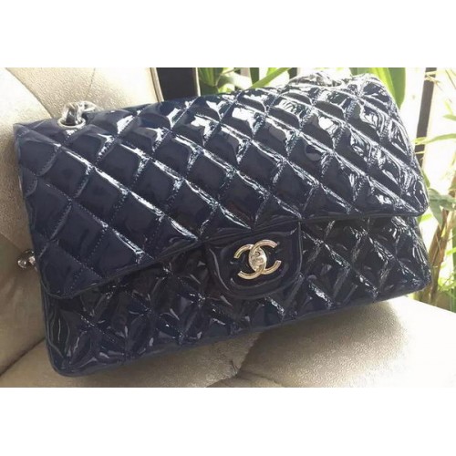 Geantă Chanel Classic Flap Royal Original din piele patentată A1113 argintie