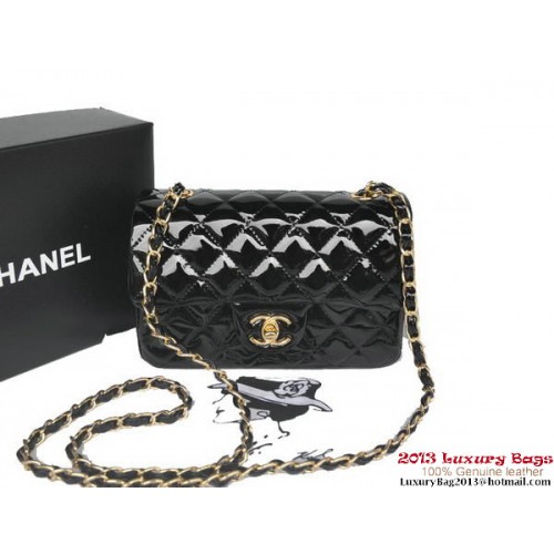 Genți Chanel Classic Flap Negre Originale din Piele Lacută A1116 Auriu
