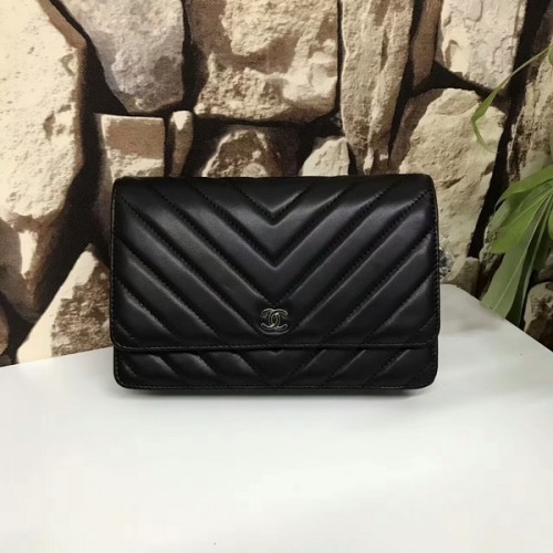 Genți Chanel Classic Flap, piele de oaie originală neagră 33815 argintiu