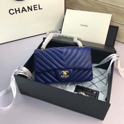 Genți Chanel Classic Flap din piele de oaie albastră originală 1116 auriu