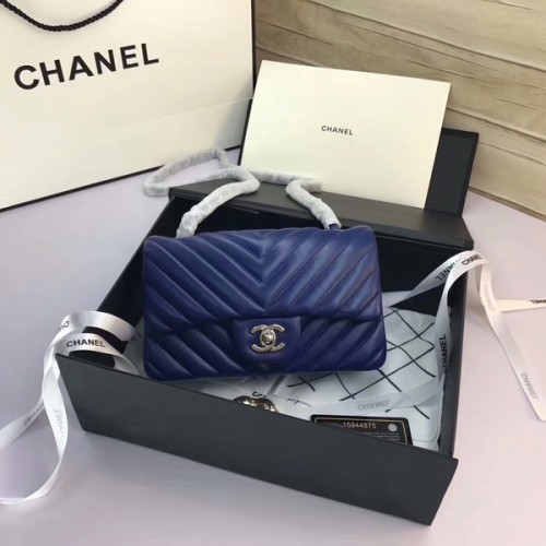 Genți Chanel Classic Flap din piele de oaie albastră originală 1116 argintie