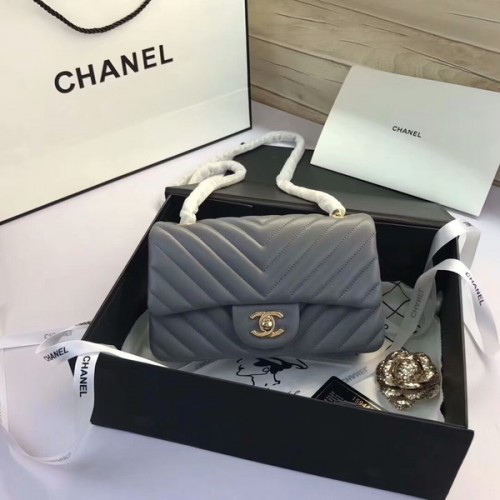 Genți Chanel Classic Flap, piele de oaie originală gri, 1116 auriu