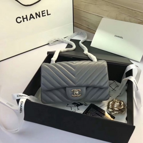 Genți Chanel Classic Flap, piele de oaie originală gri, 1116 argintiu