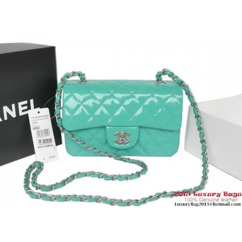 Genți Chanel Classic cu clapă, verde deschis, piele originală lăcuită A1116 argintiu