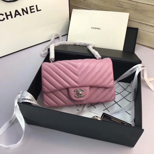 Genți Chanel Classic Flap, piele de oaie originală roz deschis, 1116 argintiu