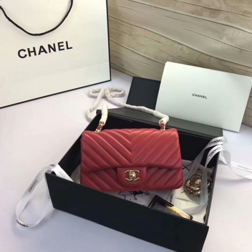 Genți Chanel Classic Flap, piele de oaie originală roșie 1116 auriu