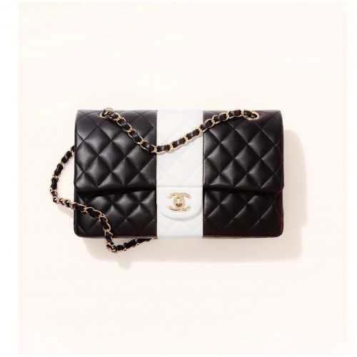 Geantă de umăr Chanel Classic Flap, piele de oaie originală A01116, alb-negru