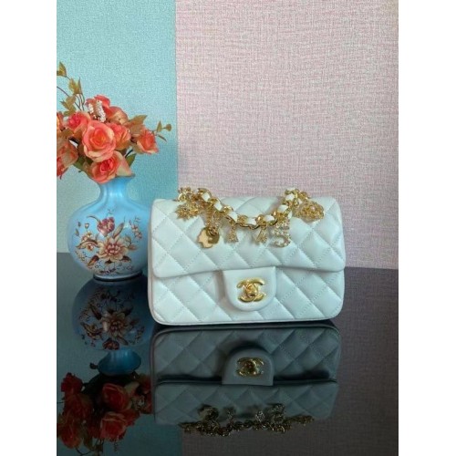 Geantă de umăr Chanel Classic Flap, piele de oaie originală AS2326 Alb