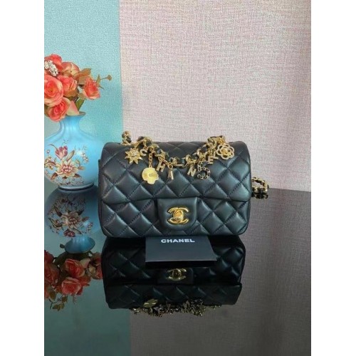 Geantă de umăr Chanel Classic Flap, piele de oaie originală AS2326 neagră