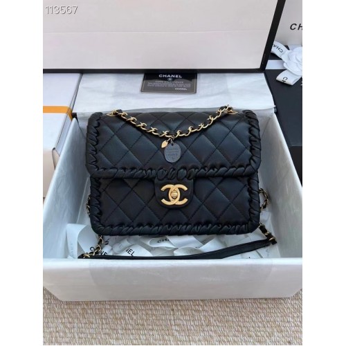 Geantă de umăr Chanel Classic Flap, piele de oaie originală AS6075 neagră