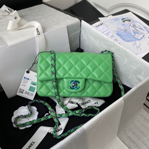 Geantă de umăr Chanel Classic Flap, piele de oaie originală, cataramă colorată A01116 Verde și albastru