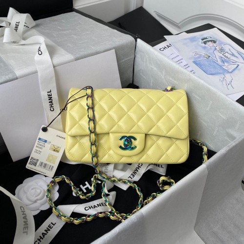 Geantă de umăr Chanel Classic Flap, piele de oaie originală, cataramă colorată A01116 galben și albastru