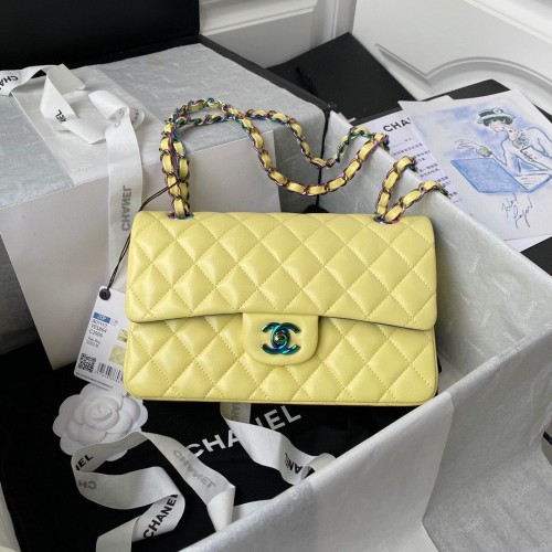 Geantă de umăr Chanel Classic Flap, piele de oaie originală, cataramă, medie, A01113, galben și albastru