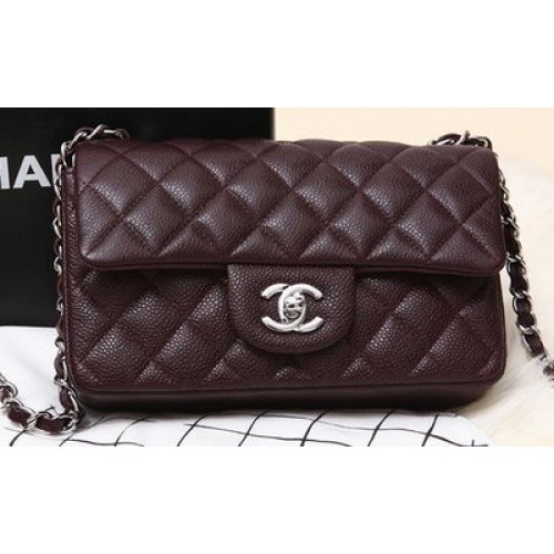 Geantă mini Chanel Classic Flap, culoare burgund, model original Cannage CHA1280, argintie