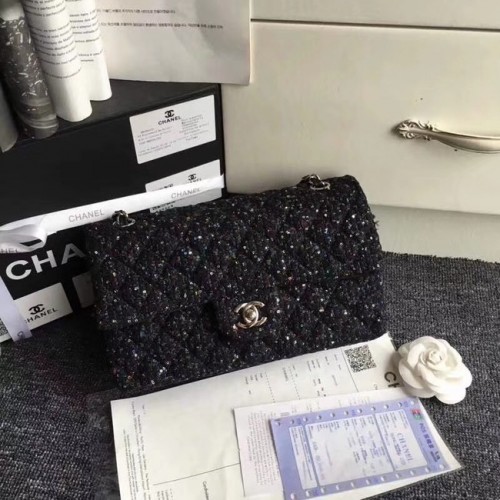 Geantă Chanel Classic Tweed brodată, metal argintiu A01112, neagră