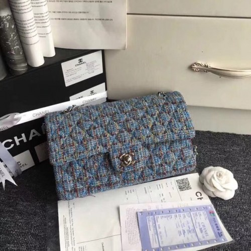 Geantă Chanel Classic Tweed brodată, metal argintiu A01112 albastru