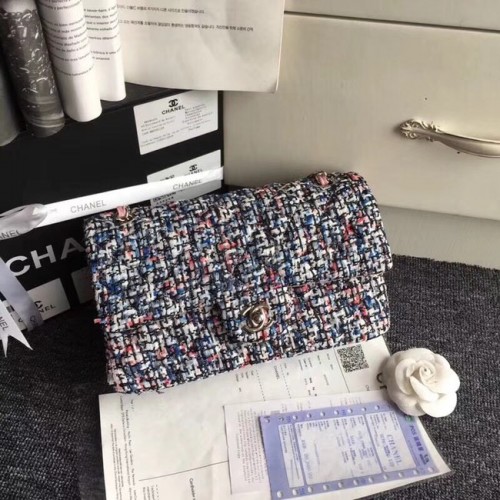 Geantă Chanel Classic Tweed brodată, metal argintiu A01112, roz închis