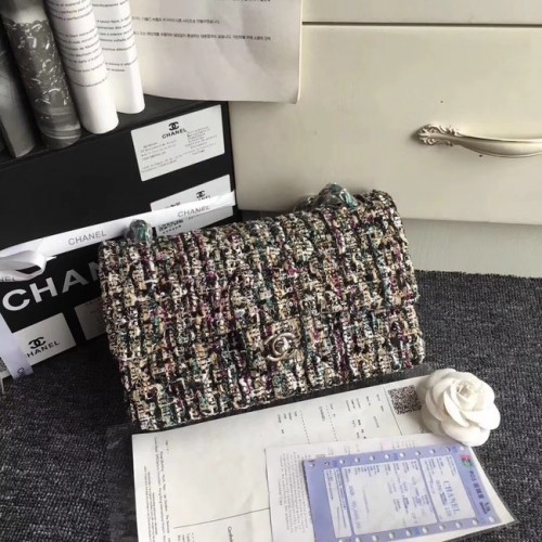 Geantă Chanel Classic Tweed brodată, metal argintiu A01112 verde