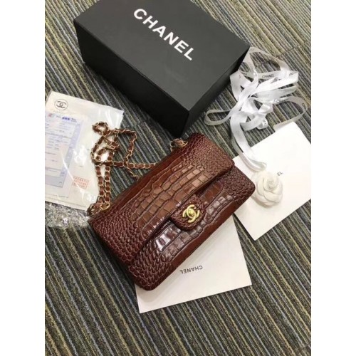 Geantă Chanel Classic, model original de aligator, cu aspect auriu, A01112, vișinie