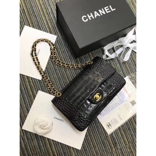 Geantă Chanel Classic Original Alligator din metal auriu A01112 neagră