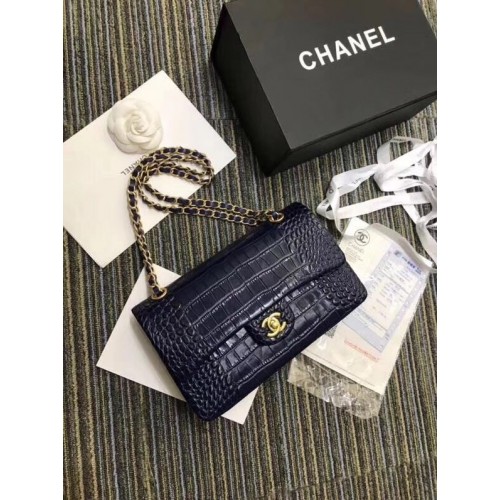 Geantă Chanel Classic Original Alligator Metal auriu A01112 albastru închis