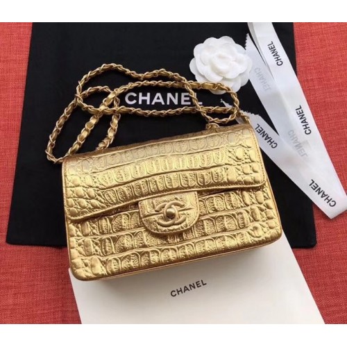 Geantă Chanel Classic, model original de aligator, din metal auriu A01116, auriu