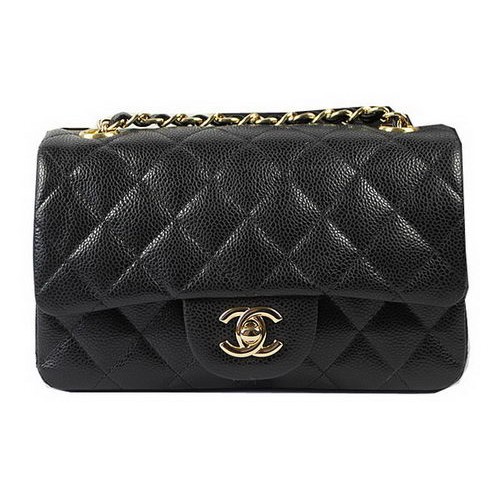 Geantă Chanel Classic MINI cu clapă neagră, model Cannage CF1119, aurie