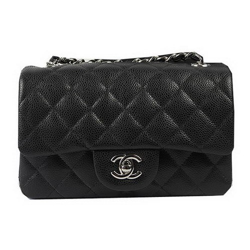 Geantă Chanel Classic MINI cu clapă neagră, model Cannage CF1119 argintie