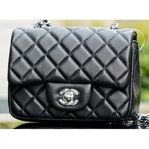 Geantă Chanel Classic MINI cu clapă neagră din piele de oaie A37585 argintie