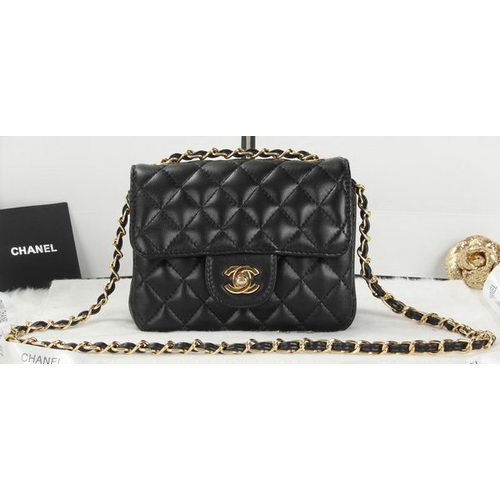 Geantă Chanel Classic MINI cu clapă neagră din piele de oaie A1115 aurie