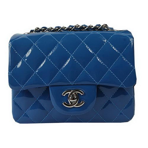 Geantă Chanel Classic MINI cu clapă albastră, piele originală lacuită CF1115 argintie