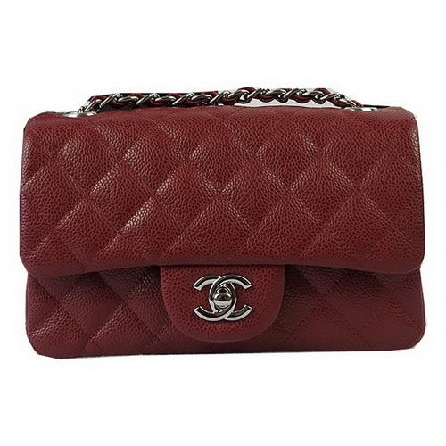 Geantă Chanel Classic MINI cu clapă, model Cannage, culoare burgund, CF1119, argintie