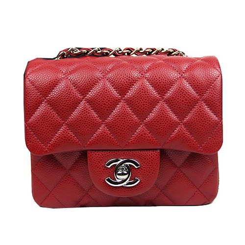 Geantă Chanel Classic MINI cu clapă CF1115 Roșu Cannage Model Argintiu
