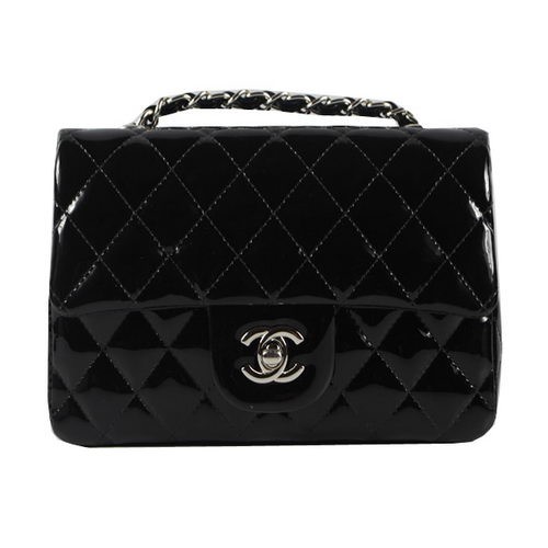 Geantă Chanel Classic MINI cu clapă CF1119 Negru din piele lăcuită argintie