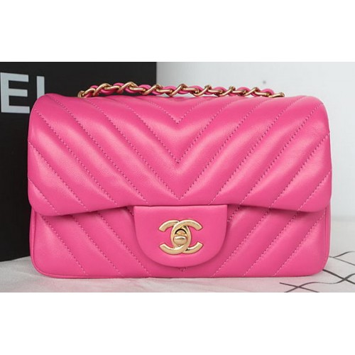 Geantă Chanel Classic MINI cu clapă, model Chevron, din piele de oaie A1119 Roz